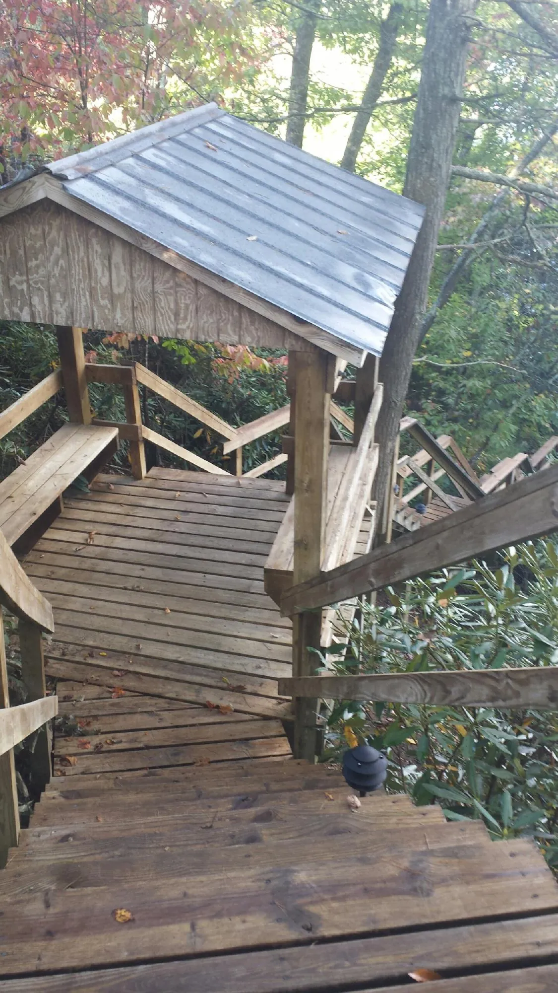 Metal roofed shelter over wooden steps on a wooded walkway — Skylight Repair & Installation work by our crew in Bumpus Mills